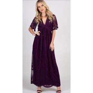 Pink Blush Purple Lace Maxi Dress Sheer Overlay Size L Wedding Guest Boho Chic